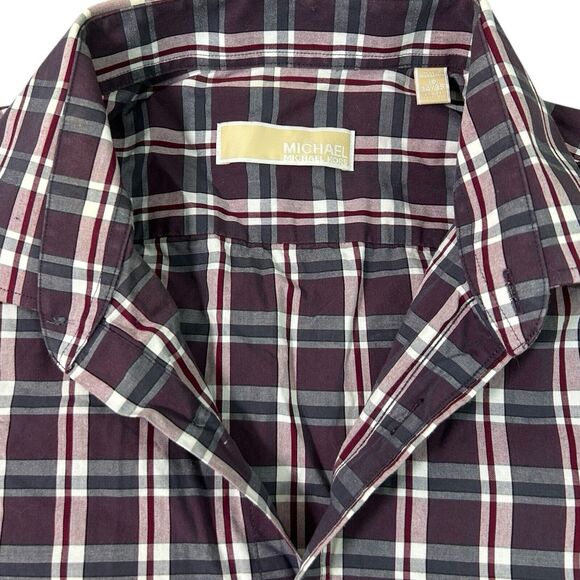 Michael Kors Mens Plaid Button Down Shirt 16 34/35 Burgundy Gray White - Picture 3 of 12